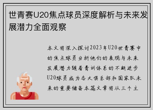 世青赛U20焦点球员深度解析与未来发展潜力全面观察