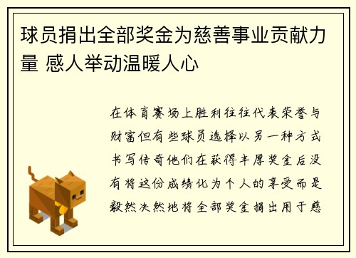 球员捐出全部奖金为慈善事业贡献力量 感人举动温暖人心